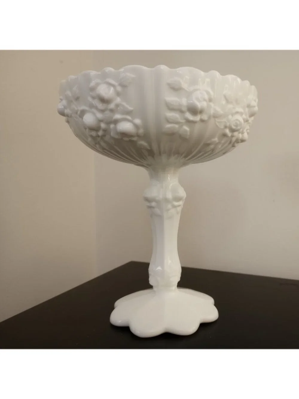 Fenton Milk Glass Scalloped Chalice Roses White Pedestal Candy Dish Vintage